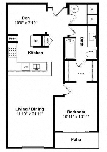 Floor plan for 1 bed, 1 bath, 916 sqft